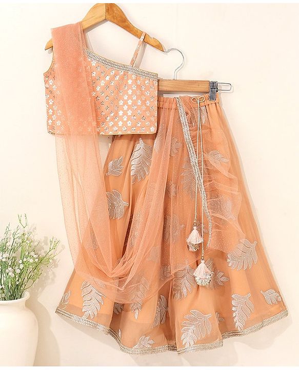 Babyhug Sleeveless Choli & Lehenga Set with Dupatta Zari Work & Golden Border Embroidered- Coral