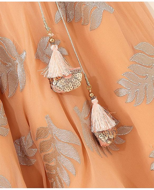 Babyhug Sleeveless Choli & Lehenga Set with Dupatta Zari Work & Golden Border Embroidered- Coral