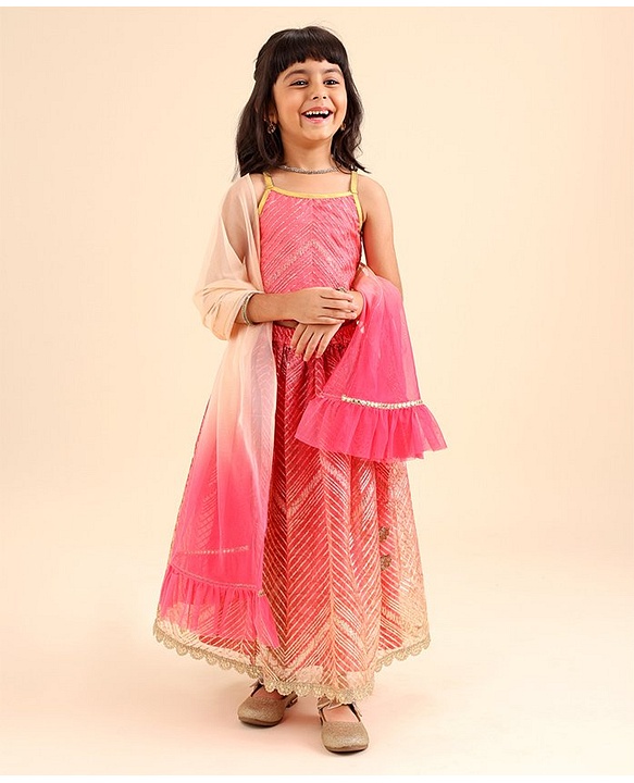 Babyhug Singlet Choli & Lehenga & Dupatta Zari Detailing - Orange Pink