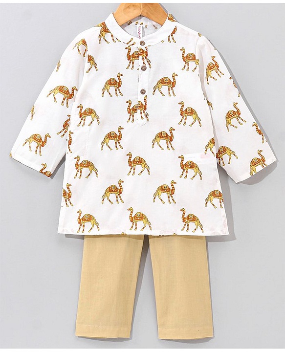 Babyhug Cotton Woven Full Sleeves Kurta & Pyjama Set Camel Print - Off White