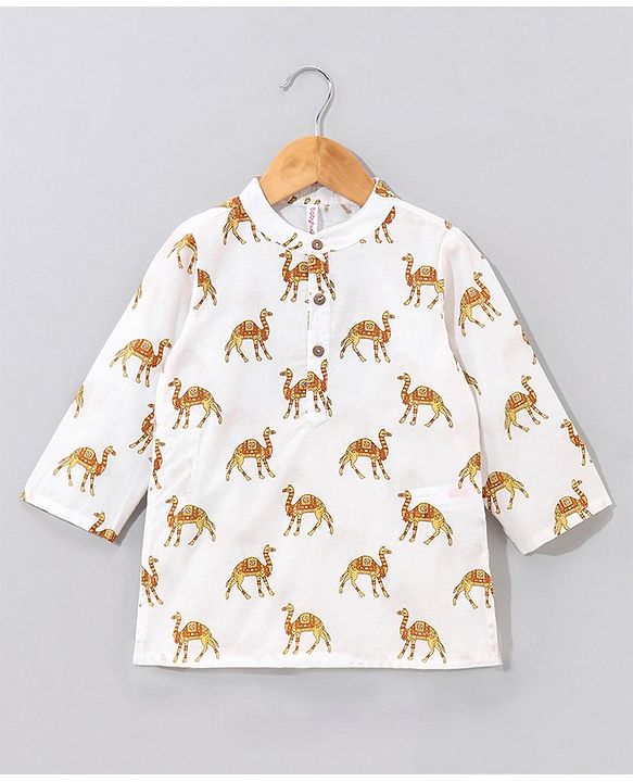 Babyhug Cotton Woven Full Sleeves Kurta & Pyjama Set Camel Print - Off White