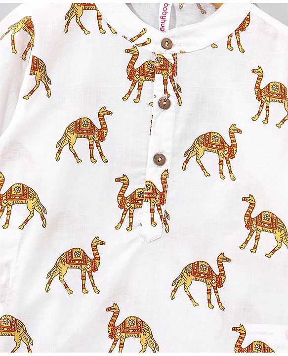 Babyhug Cotton Woven Full Sleeves Kurta & Pyjama Set Camel Print - Off White