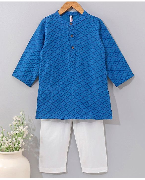 Babyhug Dobby Embroidered Kurta With Pyjama Set- Blue