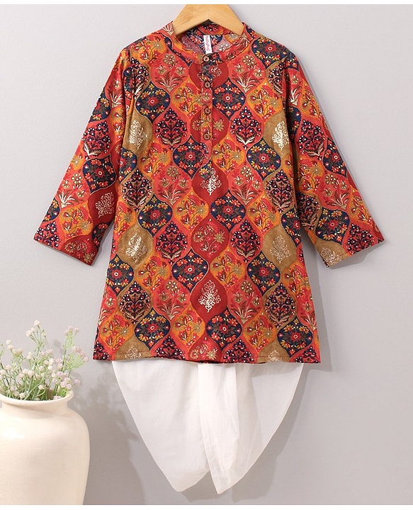 Babyhug Full Sleeves Kurta & Dhoti Set Floral Print - Red