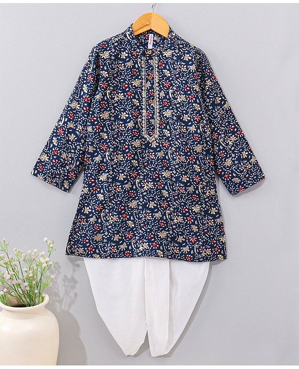 Babyhug Full Sleeves Kurta & Dhoti Set Floral Print - Blue
