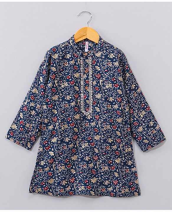 Babyhug Full Sleeves Kurta & Dhoti Set Floral Print - Blue