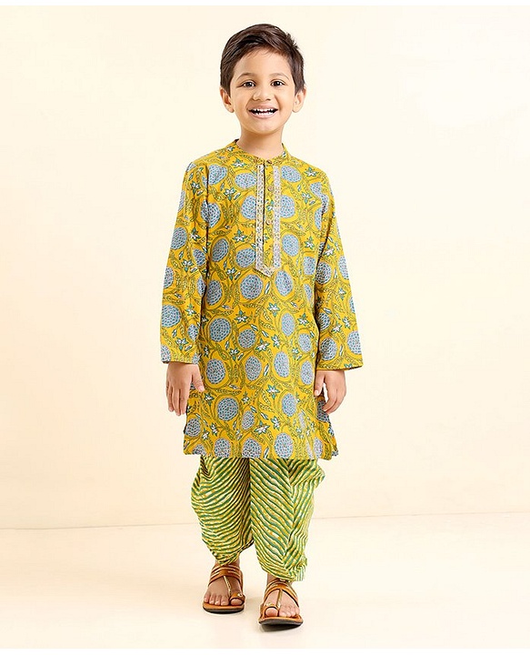 Babyhug Full Sleeves Kurta & Dhoti Set Floral Print - Yellow Green