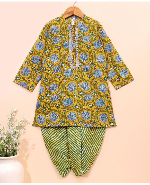 Babyhug Full Sleeves Kurta & Dhoti Set Floral Print - Yellow Green