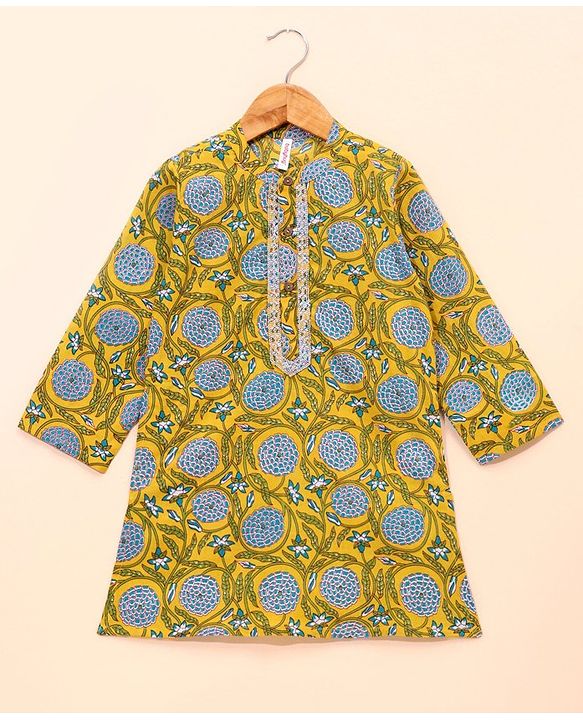 Babyhug Full Sleeves Kurta & Dhoti Set Floral Print - Yellow Green