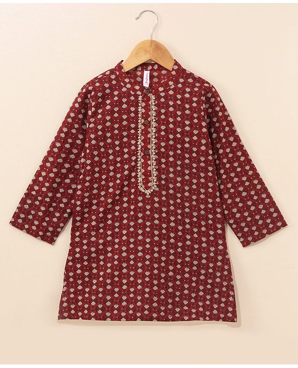 Babyhug Cotton Woven Full Sleeves Ethnic Printed Kurta & Dhoti Set - Maroon