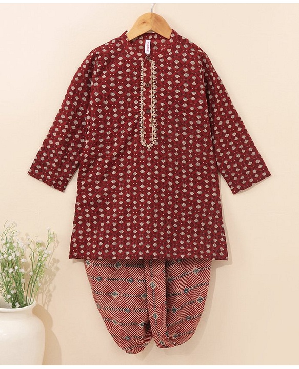 Babyhug Cotton Woven Full Sleeves Ethnic Printed Kurta & Dhoti Set - Maroon