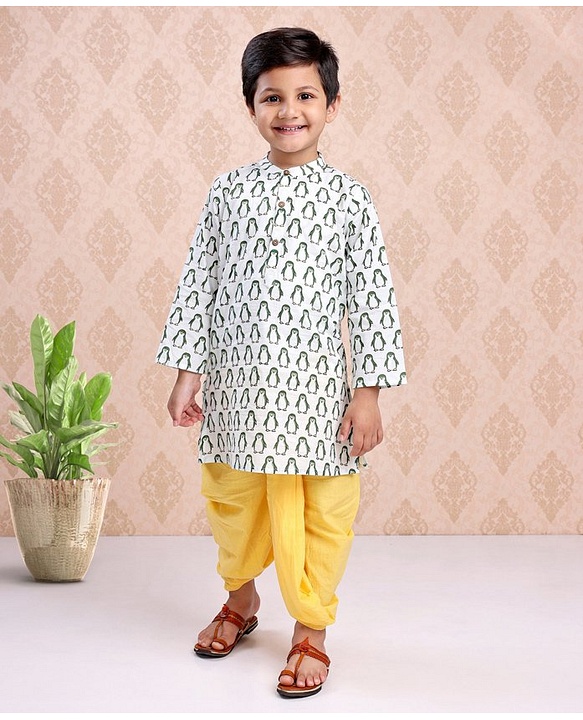 Babyhug Full Sleeves Kurta and Dhoti Set Penguin Print- Off White