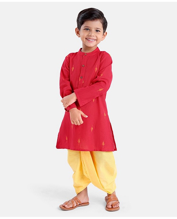 Babyhug  Full Sleeve Handloom Design Kurta Dhoti Set- Red
