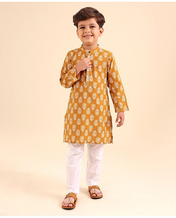 Babyhug Full Sleeves Kurta Pyjama Set Floral Print - Orange