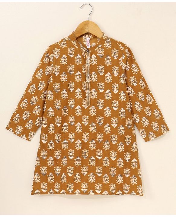 Babyhug Full Sleeves Kurta Pyjama Set Floral Print - Orange