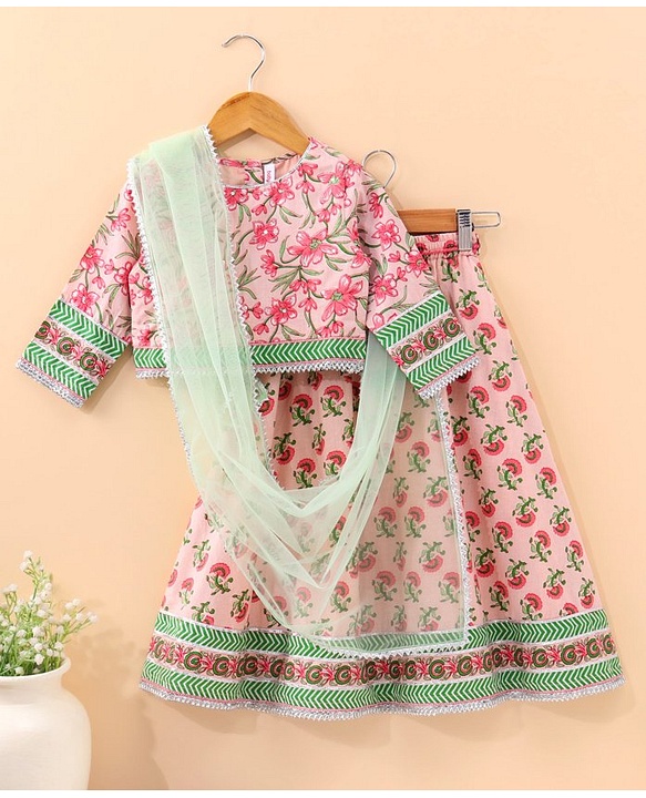 Babyhug Three Fourth Sleeves Choli & Lehenga With Dupatta Floral Print- Pink