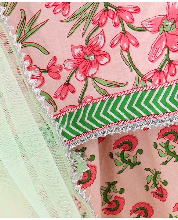Babyhug Three Fourth Sleeves Choli & Lehenga With Dupatta Floral Print- Pink