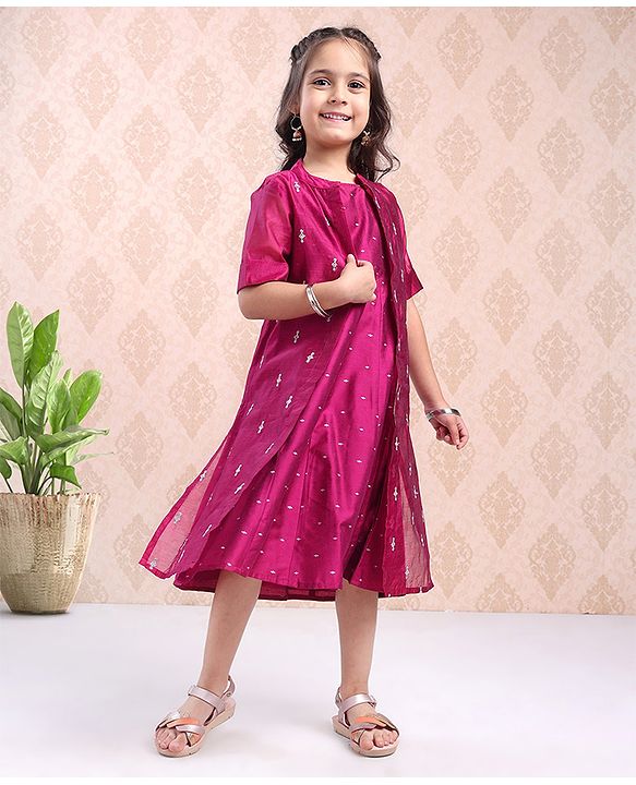 Babyhug Sleeveless Dress with Half Sleeves Shrug Ethnic Designs Embroidered - Wine