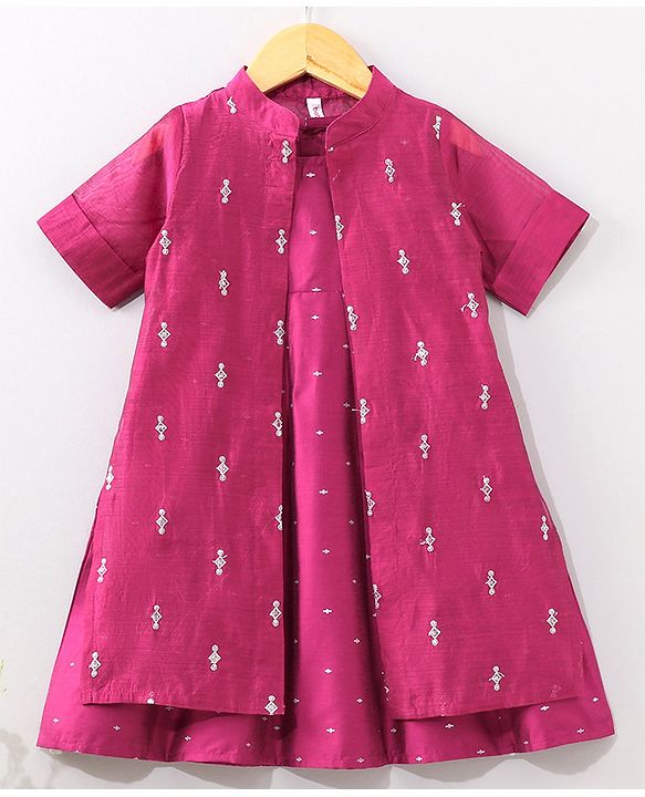 Babyhug Sleeveless Dress with Half Sleeves Shrug Ethnic Designs Embroidered - Wine
