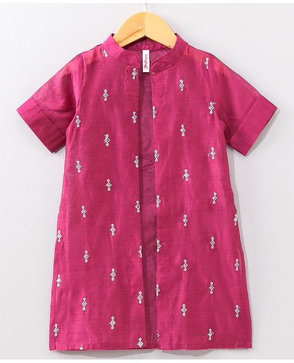 Babyhug Sleeveless Dress with Half Sleeves Shrug Ethnic Designs Embroidered - Wine