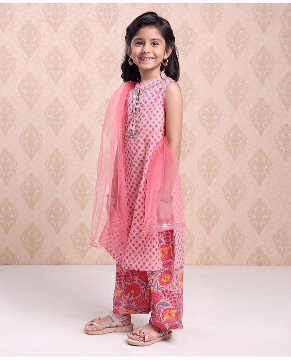 Babyhug Sleeveless Printed Kurti & Palazzo With Dupatta Sequin Detailing - Pink