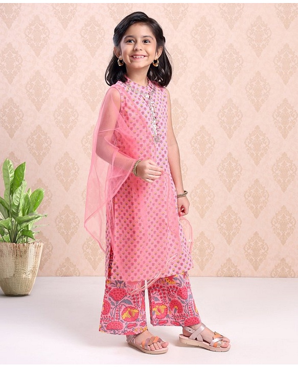 Babyhug Sleeveless Printed Kurti & Palazzo With Dupatta Sequin Detailing - Pink