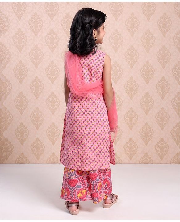 Babyhug Sleeveless Printed Kurti & Palazzo With Dupatta Sequin Detailing - Pink