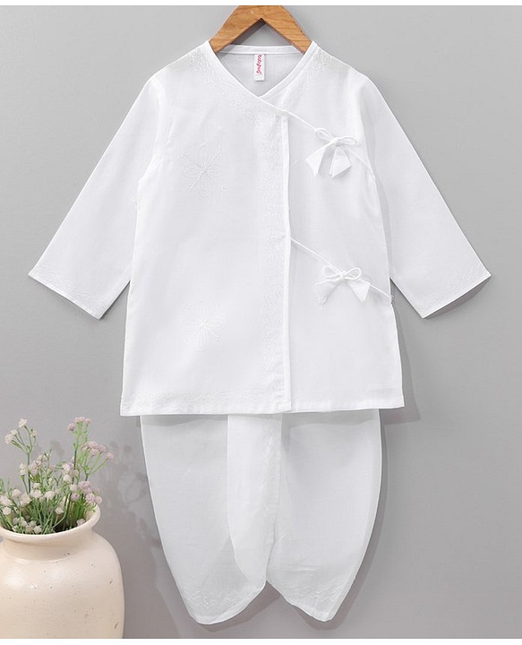 Babyhug Cotton Full Sleeves Kurta and Dhoti Set with Embroidery Solid Colour - Off White