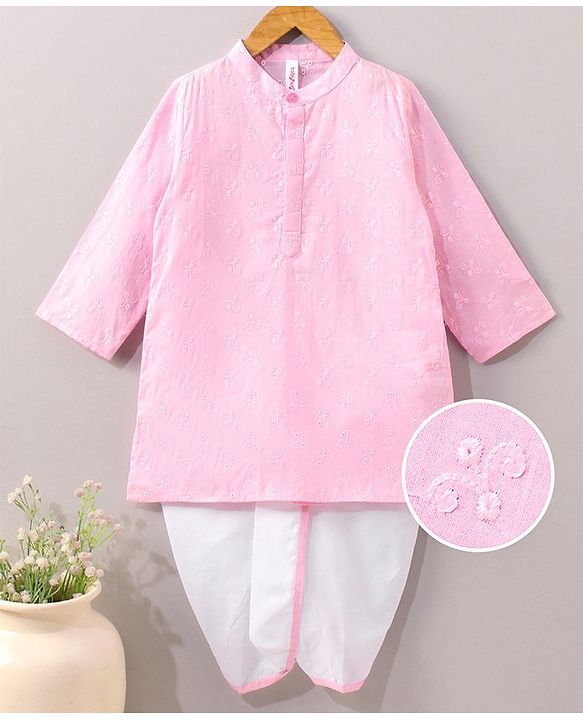 Babyhug Full Sleeves Kurta Dhoti Set with Embroidery - Pink