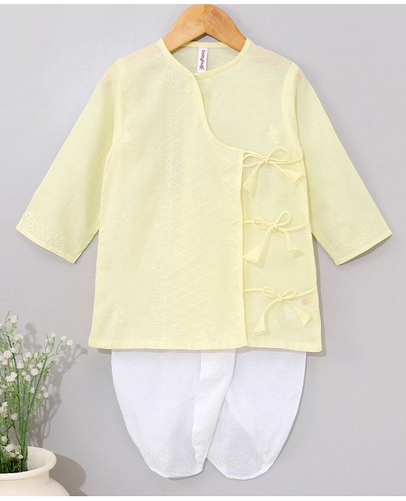 Babyhug Cotton Woven Full Sleeves Embroidery Kurta & Dhoti Set - Yellow