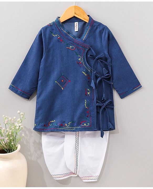 Babyhug Cotton Full Sleeves Kurta and Dhoti Set with Embroidery Solid Colour - Denim Blue