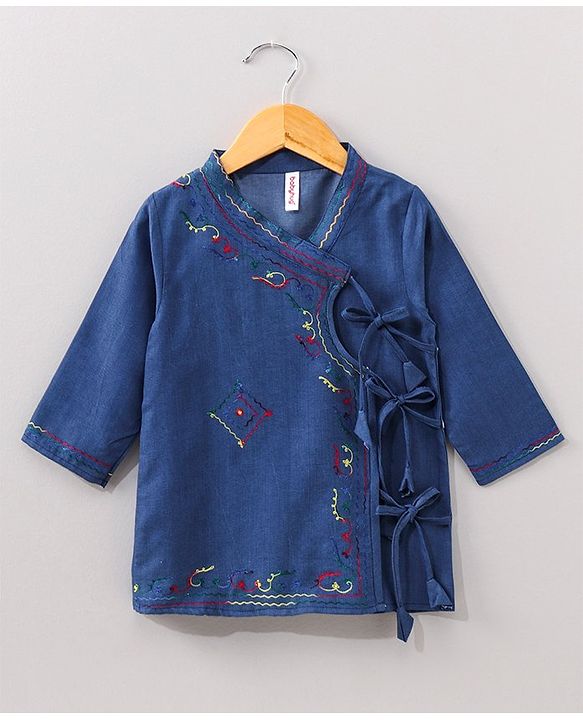 Babyhug Cotton Full Sleeves Kurta and Dhoti Set with Embroidery Solid Colour - Denim Blue