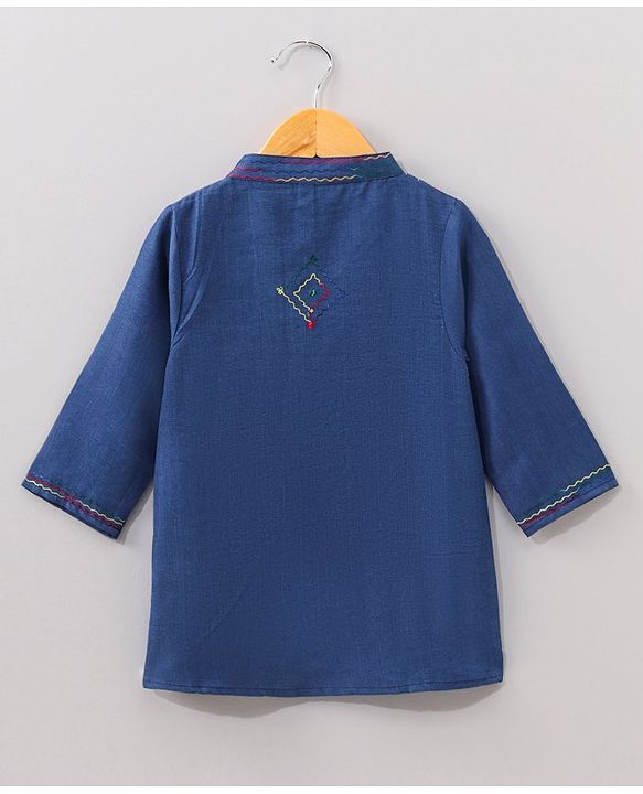 Babyhug Cotton Full Sleeves Kurta and Dhoti Set with Embroidery Solid Colour - Denim Blue