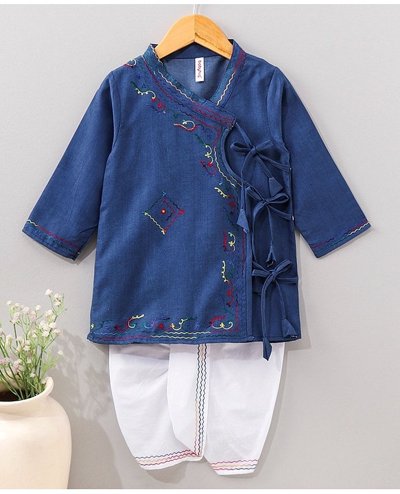 Babyhug Cotton Full Sleeves Kurta and Dhoti Set with Embroidery Solid Colour - Denim Blue