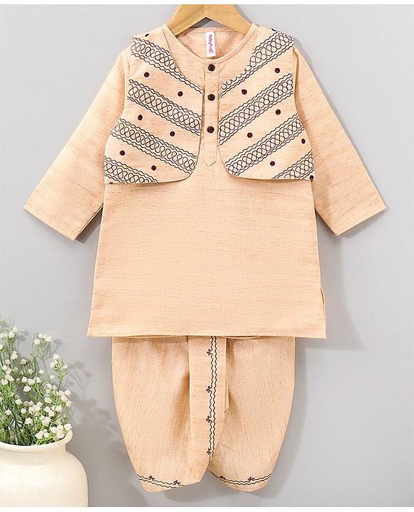 Babyhug Full Sleeves Kurta & Dhoti Set with Waist Coat Ethnic Print - Off Beige