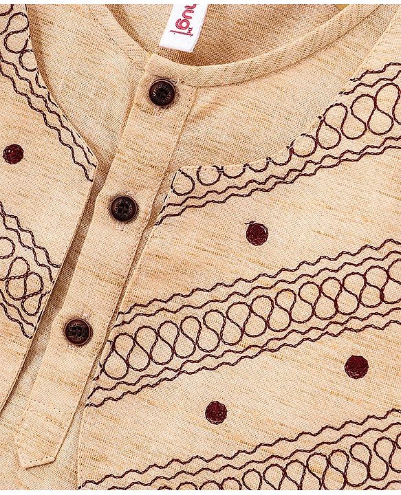 Babyhug Full Sleeves Kurta & Dhoti Set with Waist Coat Ethnic Print - Off Beige