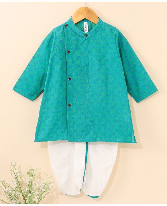 Babyhug Cotton Woven Full Sleeves Ethnic Printed Kurta & Dhoti Set - Rama Green