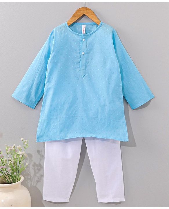 Babyhug Cotton Full Sleeves Kurta Pyjama Set Dobby Embroidered - Light Blue