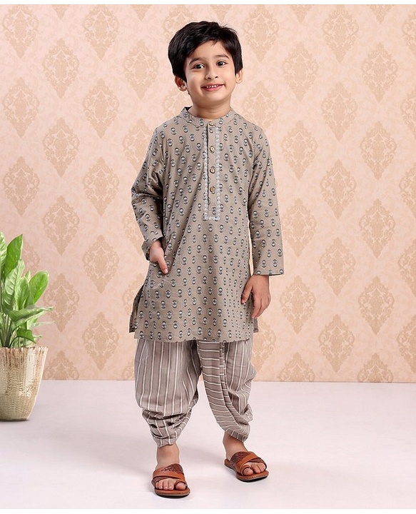 Babyhug Full Sleeves Printed Kurta & Dhoti - Grey
