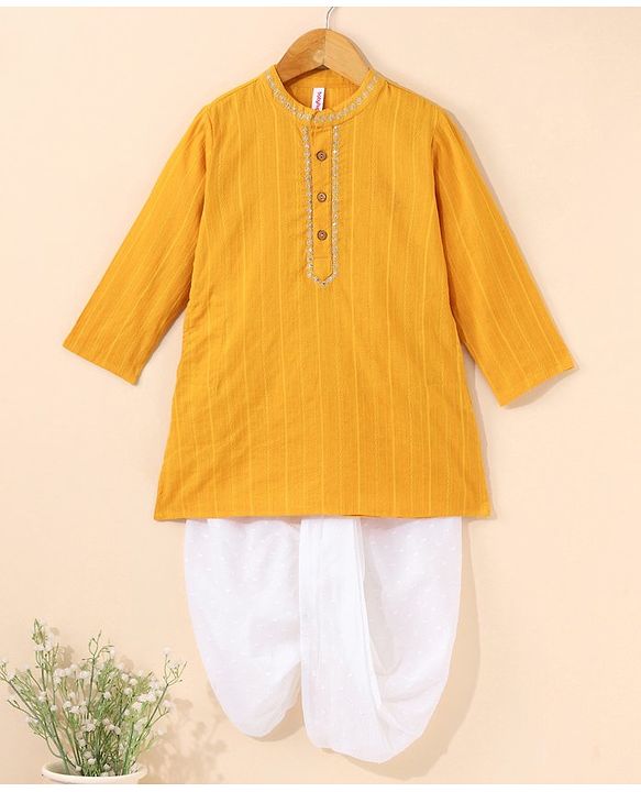 Babyhug Full Sleeves Solid Kurta and Dhoti Set - Mustard