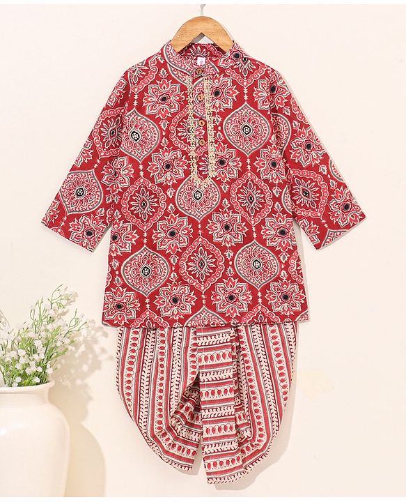Babyhug Full Sleeves All Over Printed Kurta & Dhoti Set - Red