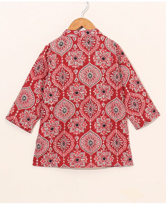 Babyhug Full Sleeves All Over Printed Kurta & Dhoti Set - Red