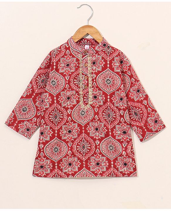 Babyhug Full Sleeves All Over Printed Kurta & Dhoti Set - Red