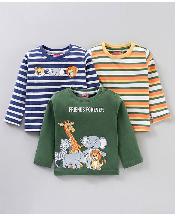 Babyhug Cotton Full Sleeves Tee Stripes & Wild Animals Print Pack of 3- Mullticolor