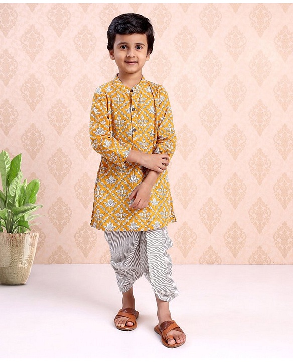 Babyhug Full Sleeves Kurta & Dhoti Floral Print - Yellow White