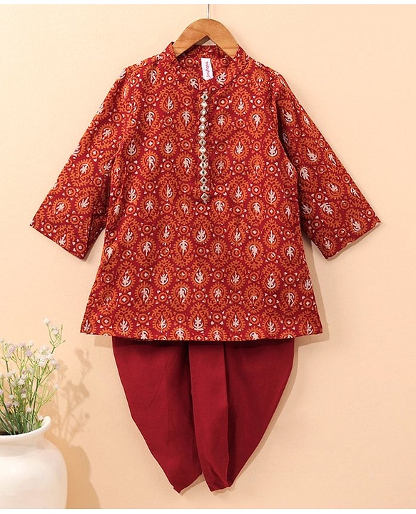 Babyhug Cotton Full Sleeves Kurta and Dhoti Set Printed - Red