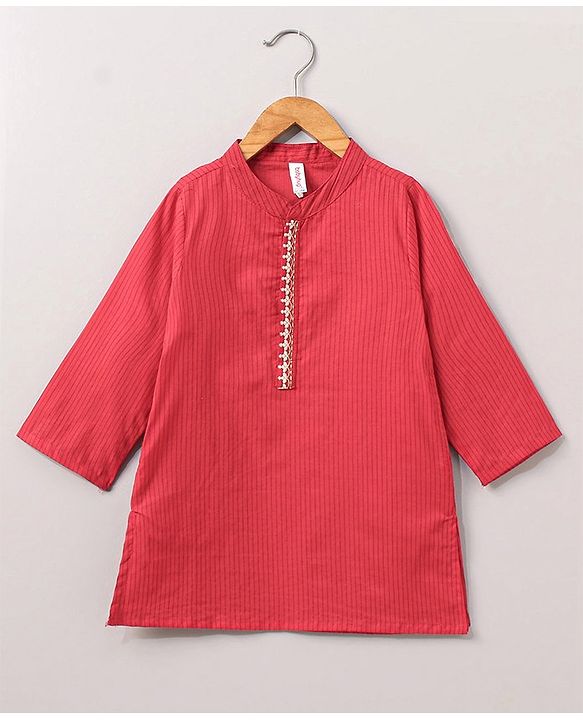 Babyhug Full Sleeves Cotton Kurta & Lurex Dhoti Set Stripes Print- Red