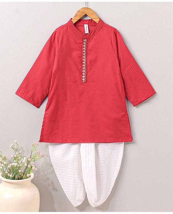Babyhug Full Sleeves Cotton Kurta & Lurex Dhoti Set Stripes Print- Red