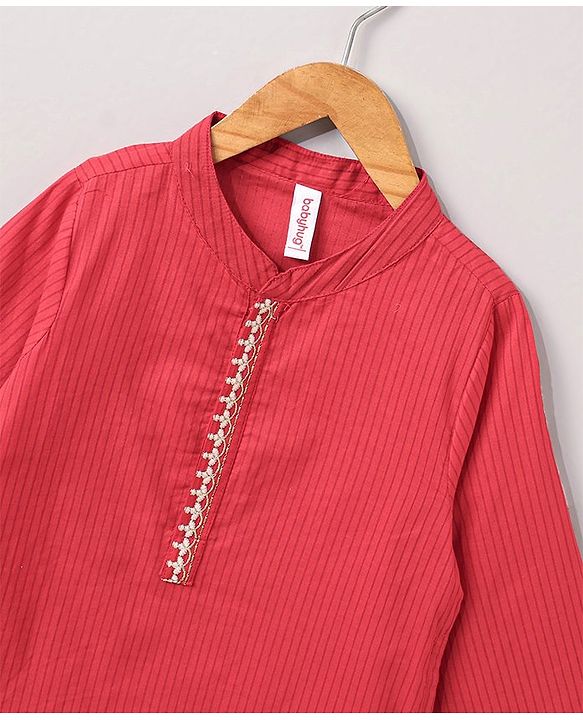 Babyhug Full Sleeves Cotton Kurta & Lurex Dhoti Set Stripes Print- Red