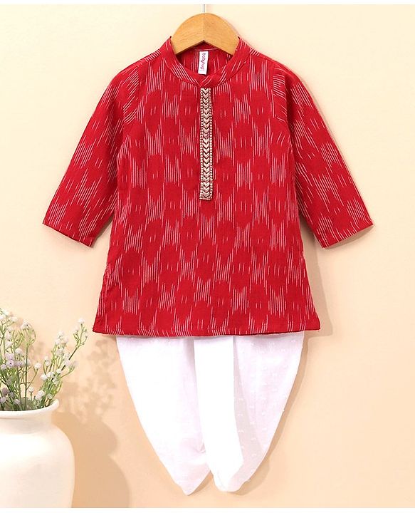 Babyhug Full Sleeves Cotton Kurta & Dhoti Set Printed- Red